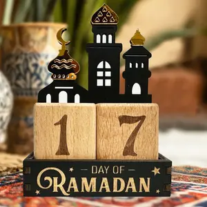 Wooden Ramadan Calendar, Eid Countdown Decoration, Star Moon Elements, Islamic Style Desktop Date Block, Festive Home Decor