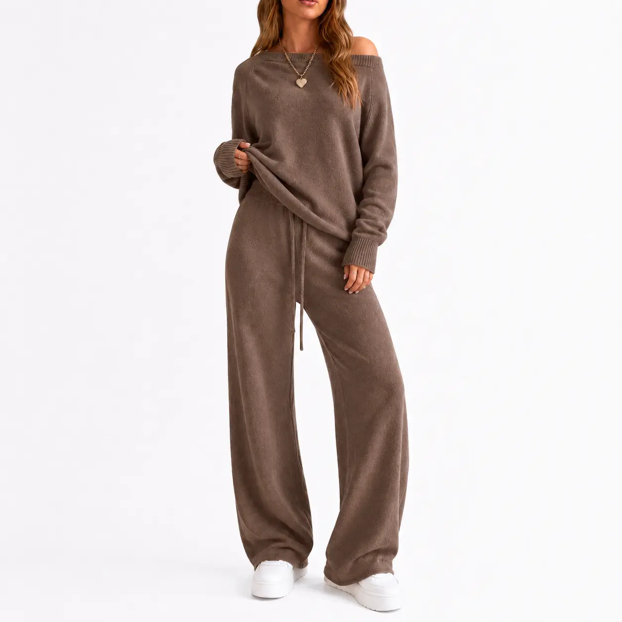 Yimoon Women's Off Shoulder Sweater Knit 2 Piece Long Sleeve Top High Waist Wide Leg Pants Lounge Outfit Matching Set  Womenswear