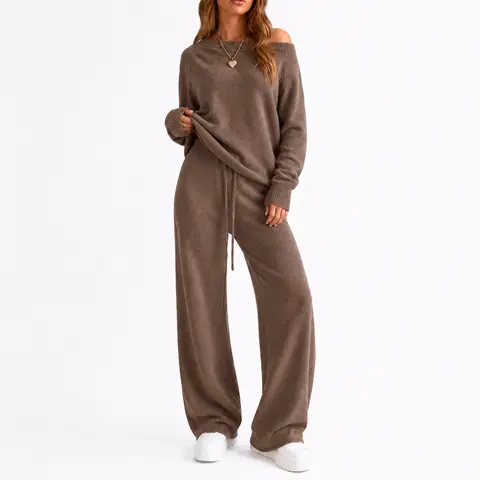 Yimoon Women's Off Shoulder Sweater Knit 2 Piece Long Sleeve Oversized Top High Waist Wide Leg Pants Lounge Outfit Matching Set  Womenswear