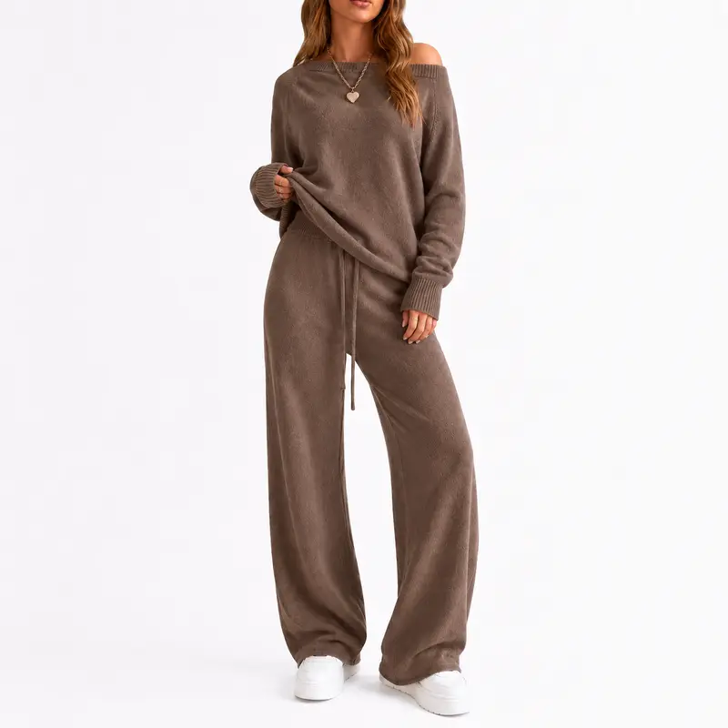 Yimoon Women's Off Shoulder Sweater Knit 2 Piece Long Sleeve Oversized Top High Waist Wide Leg Pants Lounge Outfit Matching Set Womenswear