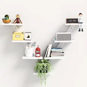 7‑Tier Wooden Floating Shelf – V‑Shaped Tree‑Branch Wall Shelf for Books, Plants & Décor (White)