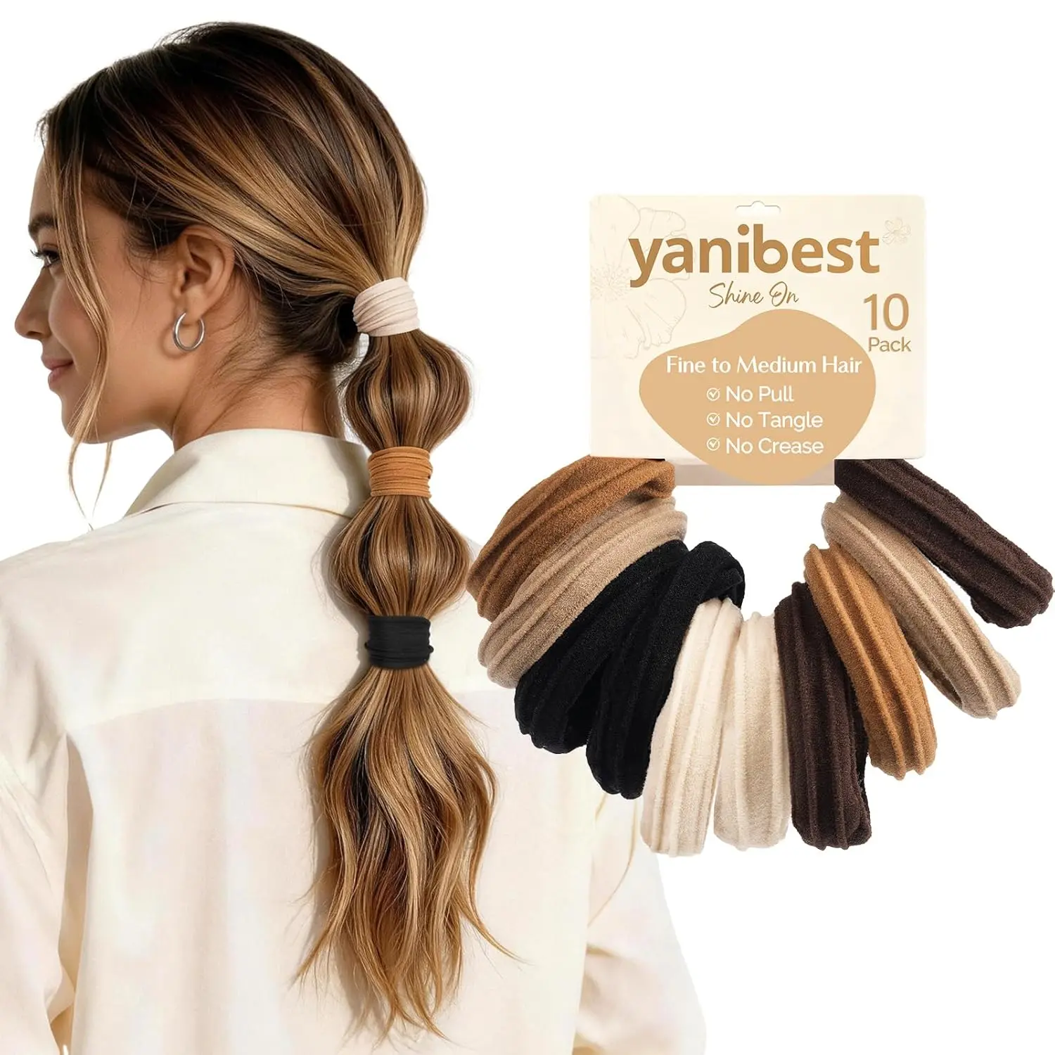 Yanibest Soft Hair Ties No Damage, Seamless Nylon Hair Elastics & Ties, Gentle Hold Ponytail Holders for Thin Medium, 10 Pack