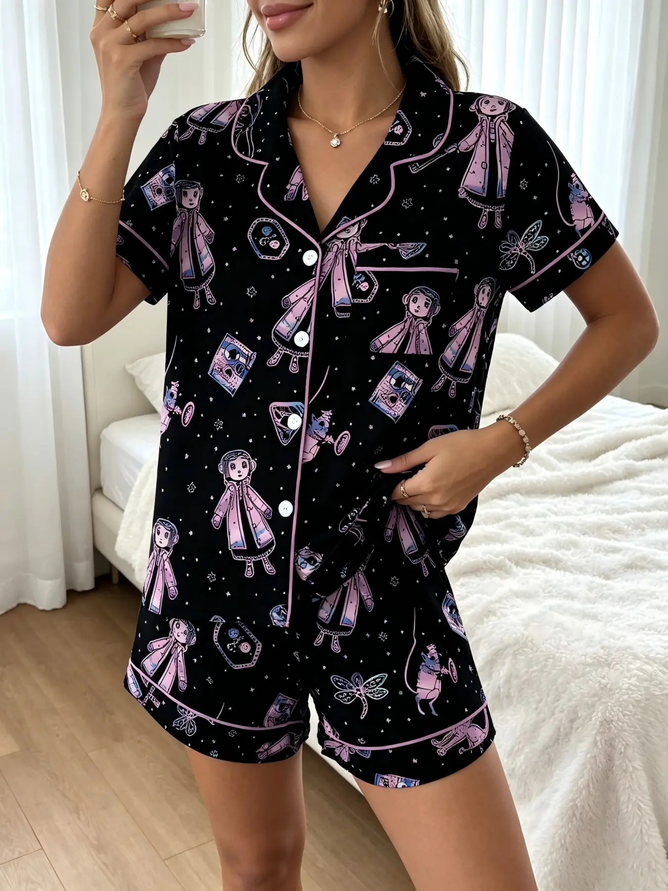 Women's Dark Fantasy Print Pajama Set, Short Sleeve Shorts Open Front, Cute Cartoon Design, Comfortable Sleepwear, Loungewear, Casual Pajamas