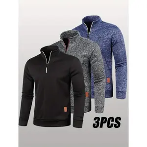 3-Pack Men'S Casual Pullover Sweatshirts - Solid Color Long Sleeve Zip-Up Sweaters with Slight Stretch, Knit Polyester Fabric, Stand Collar for Hiking & Outdoor Activities, Regular Fit for Fall/Winter