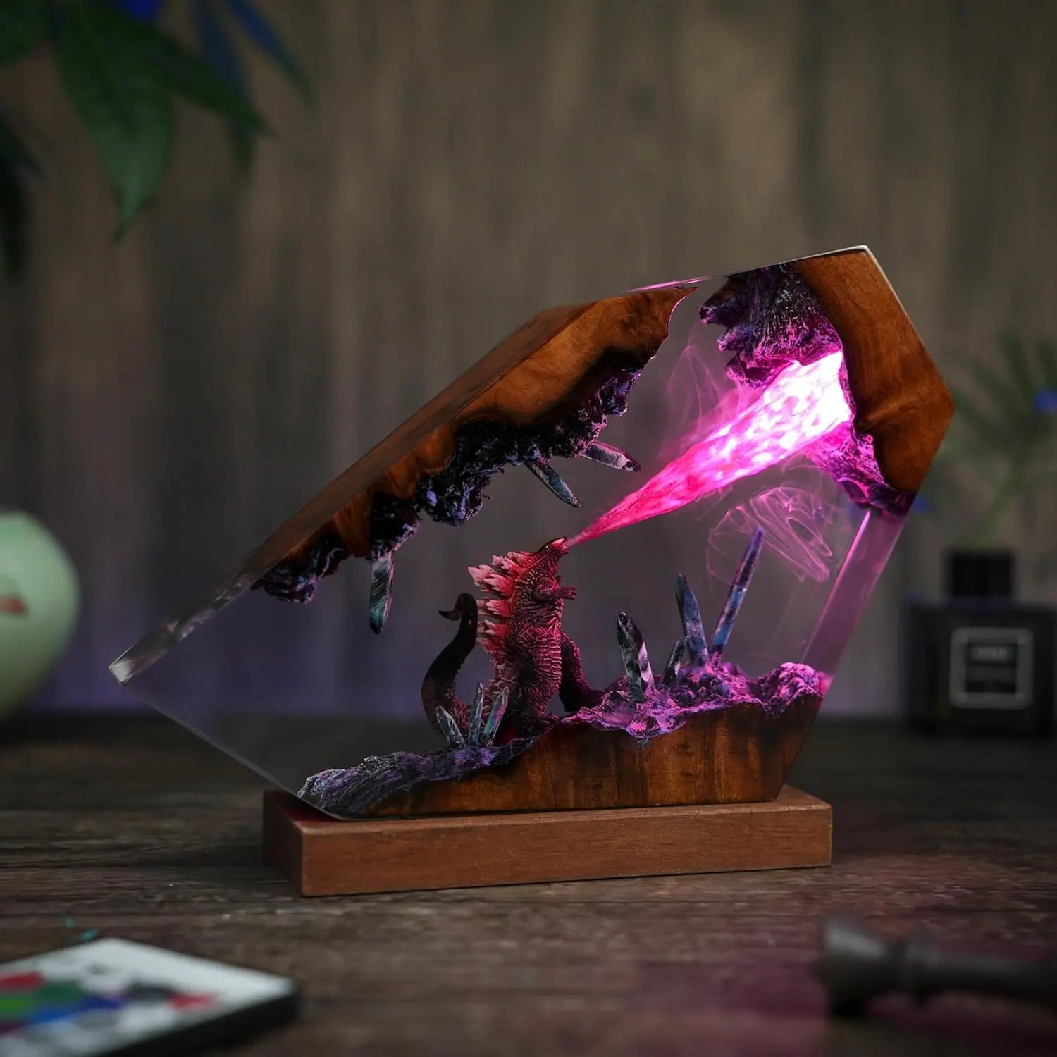 Godzilla Color Changing Nightlight - Handcrafted Resin Lamp with Wood Base, USB-Powered, Adjustable Lighting, Unique Bedroom Decor Neon Display for Fans