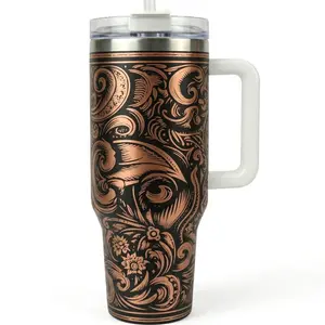 40oz Western Rose Tumbler with Handle – Floral Design, Double Wall Insulated Stainless Steel Mug, Leakproof Lid, Hot & Cold Travel Cup, Gift Idea