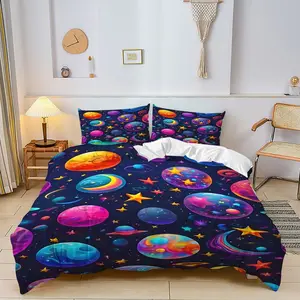 2/3Pcs Outer Space Duvet Cover Set, Colorful Vibrant Patterns Planets & Stars Bedding Set, Soft & Cozy Design, Perfect for Kids' Bedroom Decor, Eye-Catching Celestial Themed Home Décor Includes 1 or 2 Pillowcase, No Filling Included, Zipper Closure