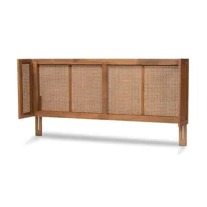 Baxton Studio MG97151-Ash Walnut Rattan-Queen-Headboard Rina Mid-Century Modern Ash Wanut Finished Wood & Synthetic Rattan Wrap-Around Headboard - Queen Size