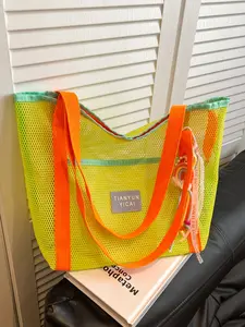 Summer Fresh Denim Blue Tote Bag, Colorblock Shoulder Strap Large Capacity Crossbody Bag, Beach Vacation Commute Women's Bag