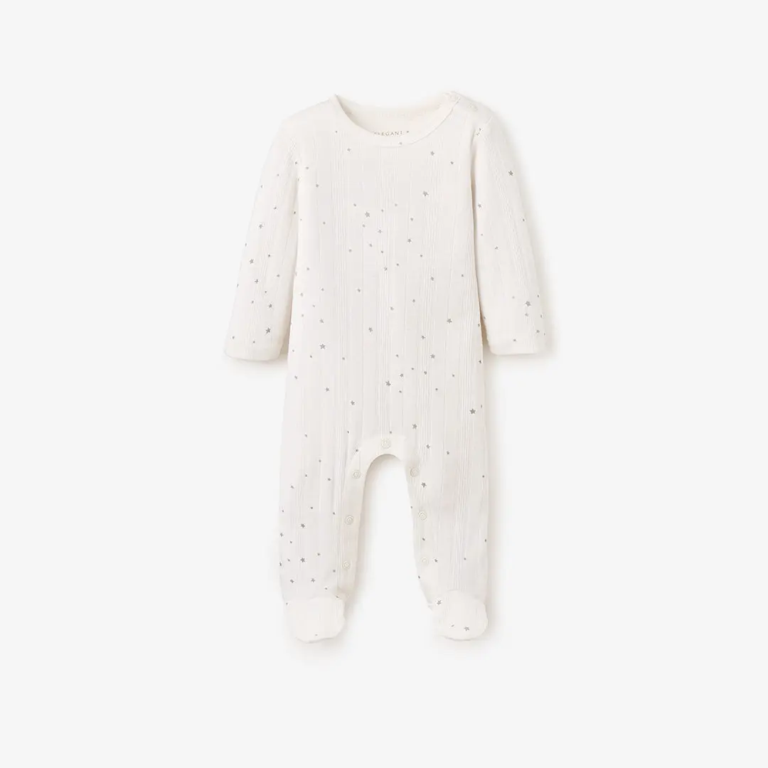 White Celestial Printed Organic Cotton Ribbed Baby Jumpsuit