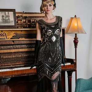 Retro Stage 1920s Vintage Golden Sequin Dress with Fringe Hem for Banquets and Parties Ballroom Skirt