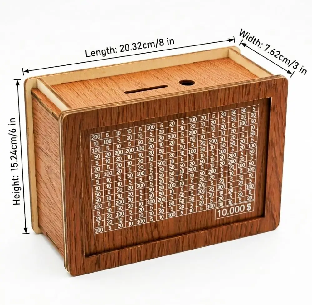 Wooden Savings Tracker Money Box with Counter Included, Dry Erase Pen, Reusable Cash Vault Bank, Trackable Christmas Holiday Gift for Family & Friends, Specialty Kitchen Utensil Accessory
