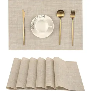 Beige Placemats - Heat Resistant Non-Slip Place mats for Dining Table, Washable Durable PVC Vinyl Woven Table Mats