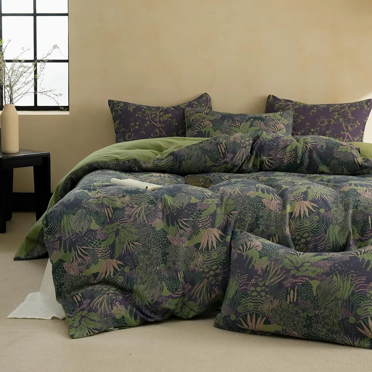 Simple&Opulence Muslin Duvet Cover Set , 100% Washed Cotton 3 Pieces Yarn-Dyed Vintage  Floral Jacquard Textured Bedding, Soft & Breathable Gauze Comforter Cover with Zipper Closure,Perfect Gift Choice,Lightweight polyester fabric pattern