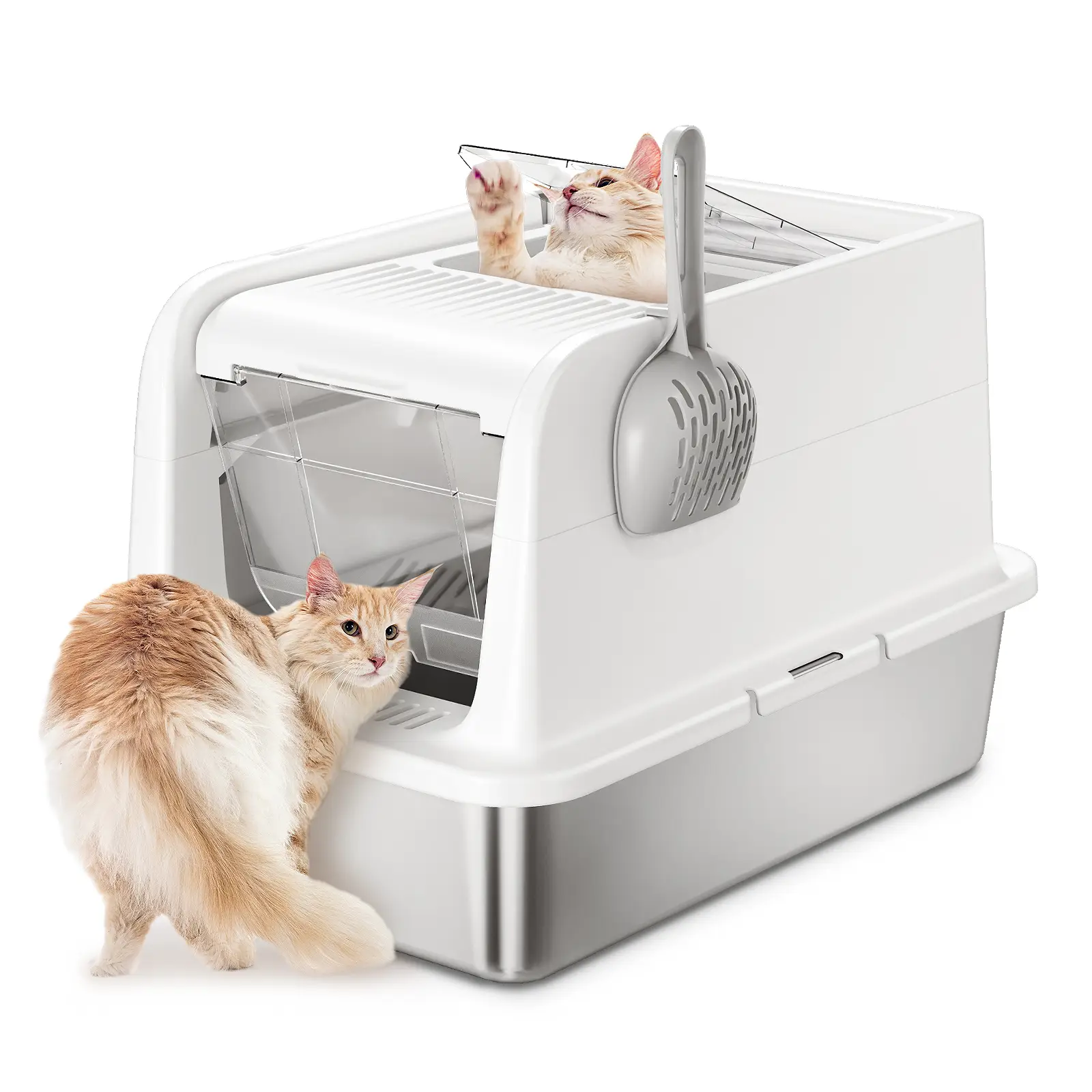 Courpal Stainless Steel Litter Box Large Cat Litter Box with Lid, Metal Litter Pan Tray with High Wall Sides Enclosure, Non-Sticky, Anti-Leakage, Easy