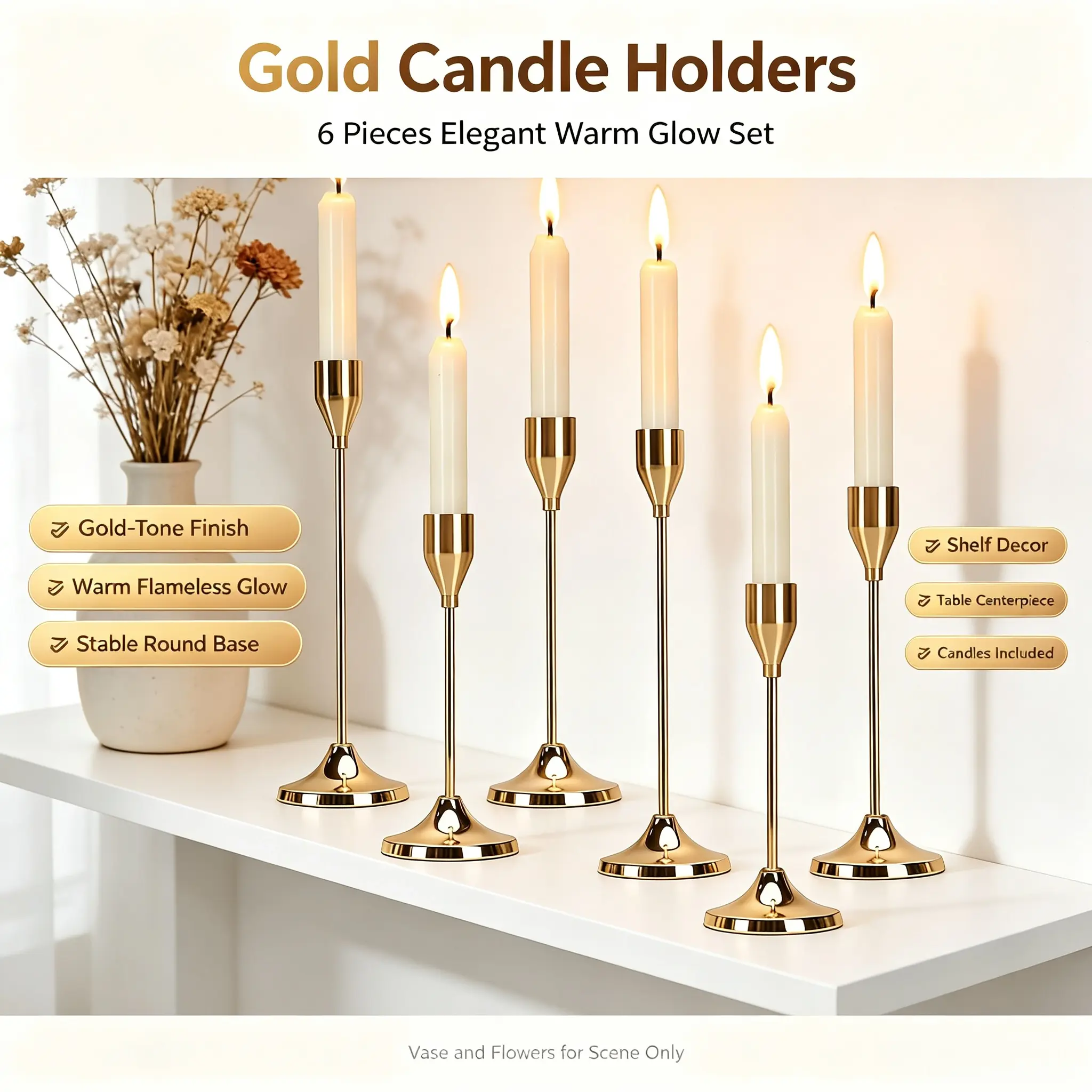 6-Piece Shiny Metal Candlestick Holder Set, Luxury Silver-Toned Candlestick Holders, Elegant Home Decor Centerpieces for Festivals & Special Occasions, Holders Shiny Metal Candlestick