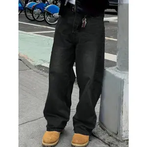 Men's Retro Loose-Fit Jeans Casual Versatile Cotton Blend Ankle-Length Button Fly Midweight Polyester Blend Solid Color