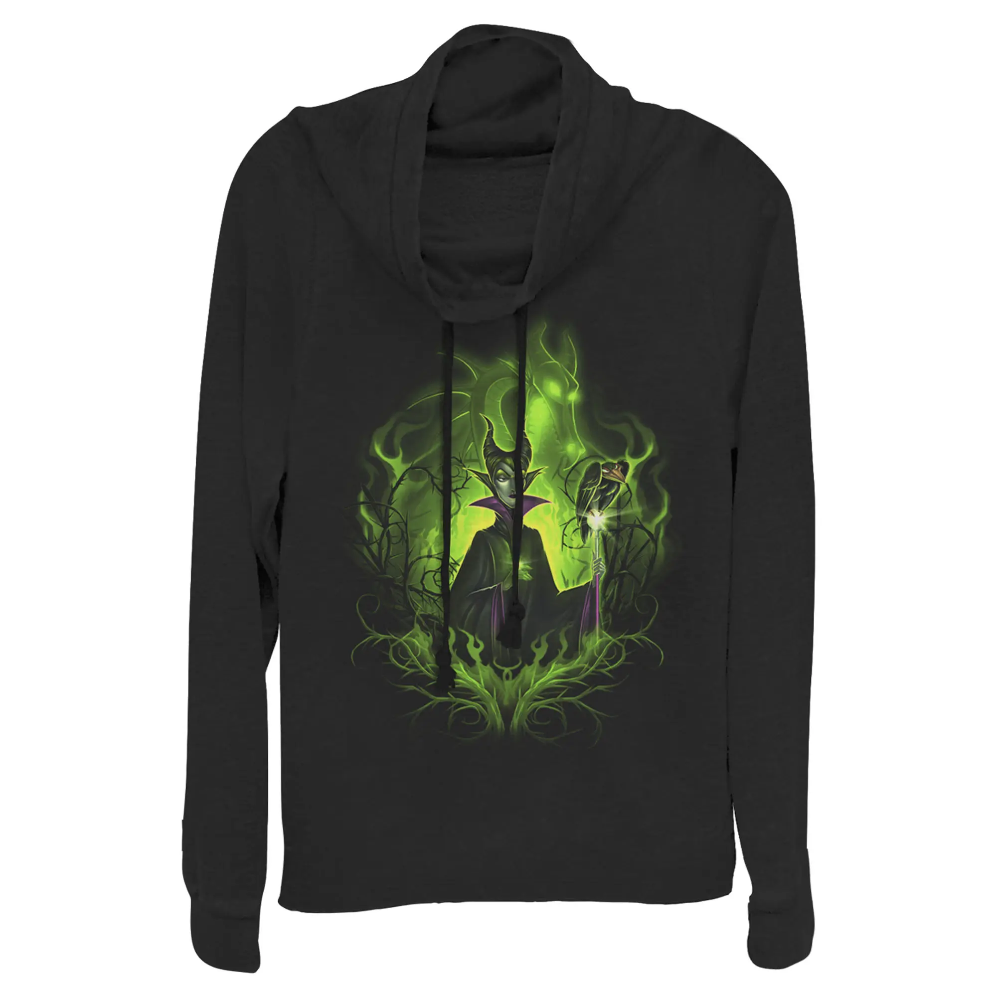 Juniors Womens Sleeping Beauty Dark Detailed Maleficent Cowl Neck Sweatshirt