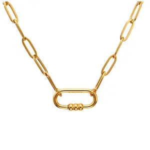 Rectangle Carabiner Charm Holder Necklace for Women by Ginger Lyne, 18KT Gold Plated Stainless Steel Paperclip Chain, Personalized Interchangeable Necklace for Compatible Birthstone Charms, 18" Adjustable with 2" Extender