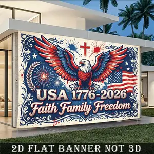2D Flat Banner Polyester Photography Backdrop, American Patriotic Eagle Flag Fireworks Design with "USA 1776-2026 Faith Family Freedom" text, Soft Lightweight Foldable Background for Independence Day 4th of July Celebrations, Nati