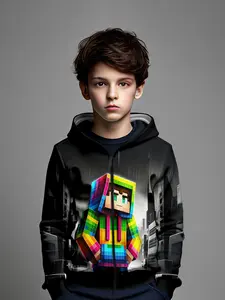 Pixel Character Print Boys' Zipper Hoodie, Graphic Hoodies, Casual Daily Wear, Moderate Fabric Thickness, Fitted Style, Fall & Winter Season