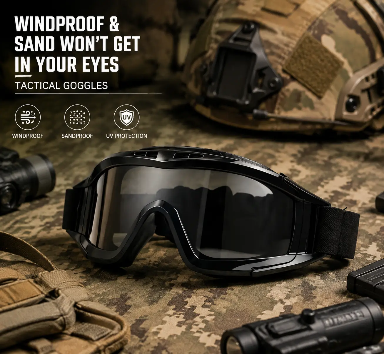 Tactical Protective Goggles, Windproof Sandproof Anti-Fog Outdoor Safety Eyewear