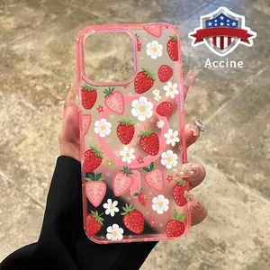 Magnetic Phone Case Supports Wireless Charging for iPhone 16 Pro Max 15 Plus 14 13 12 11 XS XR E Strawberry Daisy Pattern Shockproof Soft Silicone Transparent Cover Cellphone Protective