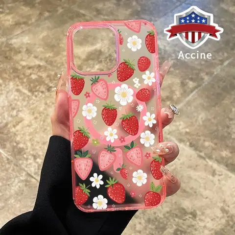 Magnetic Soft Silicone-TPU Phone Case for iPhone 16 Pro Max,15 Plus,14,13,12,11,XS,XR,E - Strawberry Daisy Pattern, Transparent, Anti-Drop, Durable, Screen+Cam Buffer, Shockproof, Wireless Charging Support, Mobile Phone Casing Accessory