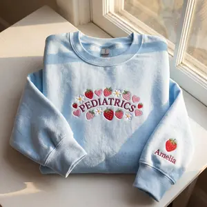 Personalized Strawberry Pediatrics Nurse Embroidered Shirt, Custom PICU Nurse Crewneck, Nurse Graduation Gift, Medical Shirt Nurse