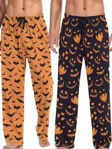 Men's Fashion Halloween Pumpkin Print Sleep Pants, Polyester Blend, Breathable Comfort, Suitable for Spring Summer Fall
