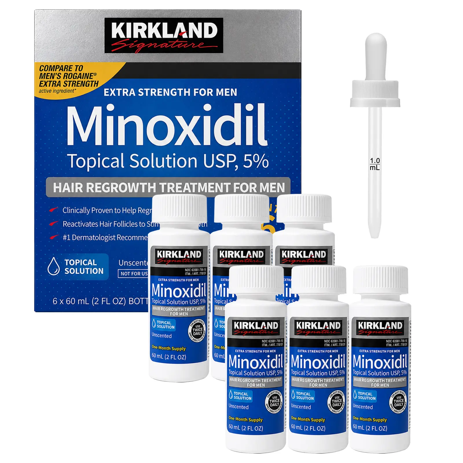 Kirkland Signature 5% Minoxidil Topical Liquid, 6 Months Supply with Dropper Applicator, Universal Daily Personal Care & Beauty Routine for Men, Visibly Thicker & Fuller Appearance Enhancer