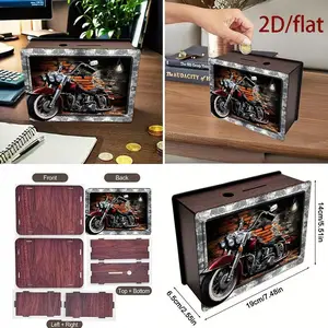 Wooden Piggy Bank with Vintage Motorcycle Design, Family Savings Plan, Teenage Holiday Gift, Essential Money Storage, Birthday Party Toy, Wooden Savings Box
