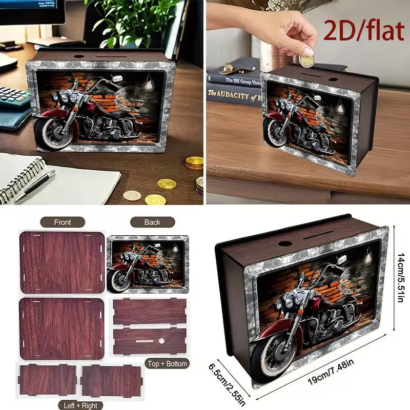 Wooden Piggy Bank with Vintage Motorcycle Design, Family Savings Plan, Teenage Holiday Gift, Essential Money Storage, Birthday Party Toy, Wooden Savings Box