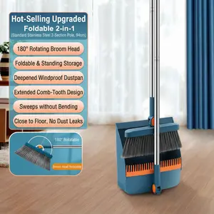 Broom and Dustpan Set, Long Adjustable Handle Indoor Sweeping Brooms, 180° Rotating Broom with Standing Storage and Scraping Teeth Dustpan to Clean Hair for Home Kitchen