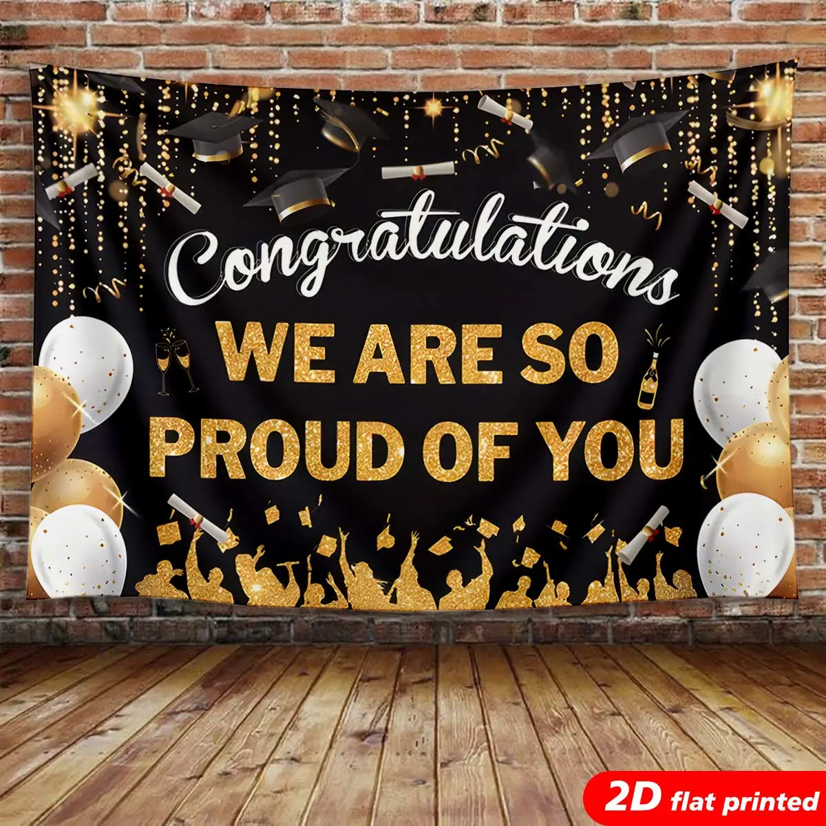 Black Gold Graduation Polyester Tapestry Wall Hanging - Home Decor Supplies, 2D Flat Printed Photo Design with Floating Balloons, Cap, Diploma, Letter, Sparkly Gold-Tone, Wrinkle-Resistant Easy-Install Smooth Backdrop for Graduation Party, Grad Gift, Frie