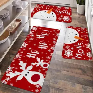 2/3pcs Christmas kitchen carpet floor mat, cartoon simple and cute Christmas snowman reindeer pattern anti slip flannel floor mat, suitable for holiday kitchen, entrance door, laundry room, bathroom, living room, decoration floor mat, Home Decorative Rug