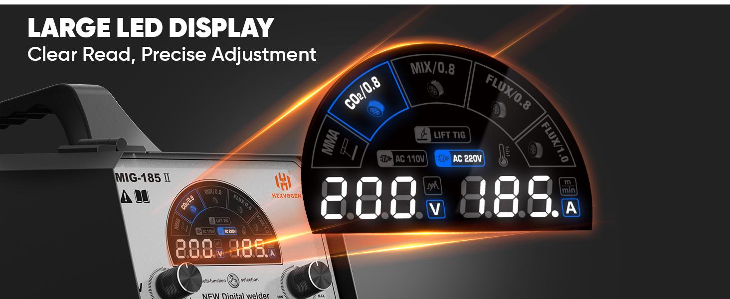 HZXVOGEN MIG185II 185A MIG Welder, 4 in 1 Gas MIG/Flux Core Gasless MIG/Lift TIG/Stick Welder, 110V 220V IGBT Inverter Synergy Multi Process Welding Machine Large LED Screen Display for Beginner