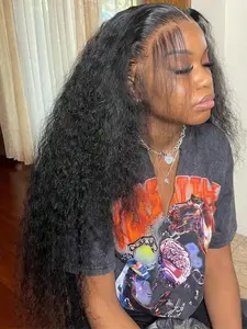 38 40 Inch 180% Density Deep Curly Wave Lace Front Wigs Human Hair 13x4 HD Lace Front Wigs Human Hair Glueless Pre Plcked Curly Human Hair Wig For Women With Baby Hair Wet And Wavy Wig Natural Color