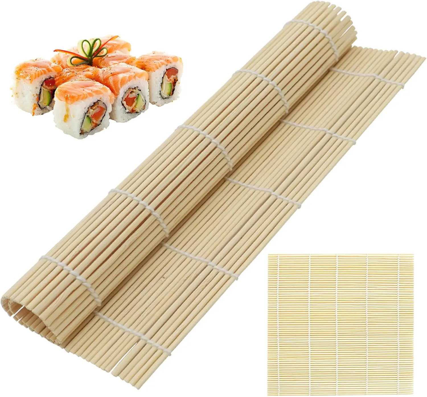 Traditional 12x12 in Natural Bamboo Sushi Mats, 2-Pack Tight Weave Kitchen Utensil Rollers - Chemical-Safe, Food-Safe Supplies for Shaping Sushi Rolls, Molding Kimbap