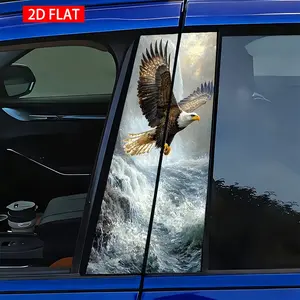 2 Sets Car B Pillar Stickers, Eagle Flying over Waterfall Design, PVC HD Print Self-Adhesive Decorative Stickers, Waterproof Scratch-Resistant, Car Exterior Decoration