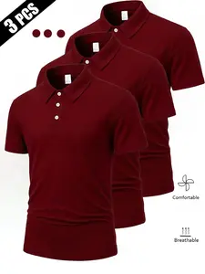 Men's Solid Color Short Sleeve Polo Shirts, Business Casual Slim Fit Golf Tops, Breathable Summer Daily Wear, Three Pieces Set