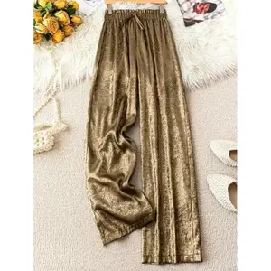 1pc Women Gold Straight-Leg Pants, Elegant Trousers For New Year Holiday Party Clothes Fall Cloth For Women Fabric Fit Womenswear Bottom Basic Casual