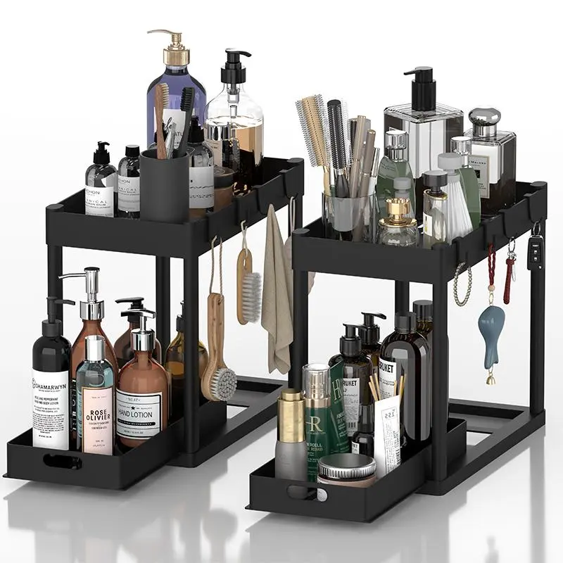 2 Pack Under Sink Organizer 2 Tier Bathroom Cabinet Organizer with Sliding Basket Multi- Purpose Storage for Bathroom Kitchen