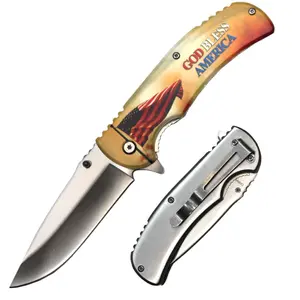 PK 1536-US 4.5" Metal Handle God Bless America USA Flag Assist-Open Folding Knife Folding Knife for Outdoor, Utility, EDC, Camping, and Every Day Carry, Gifts for Men