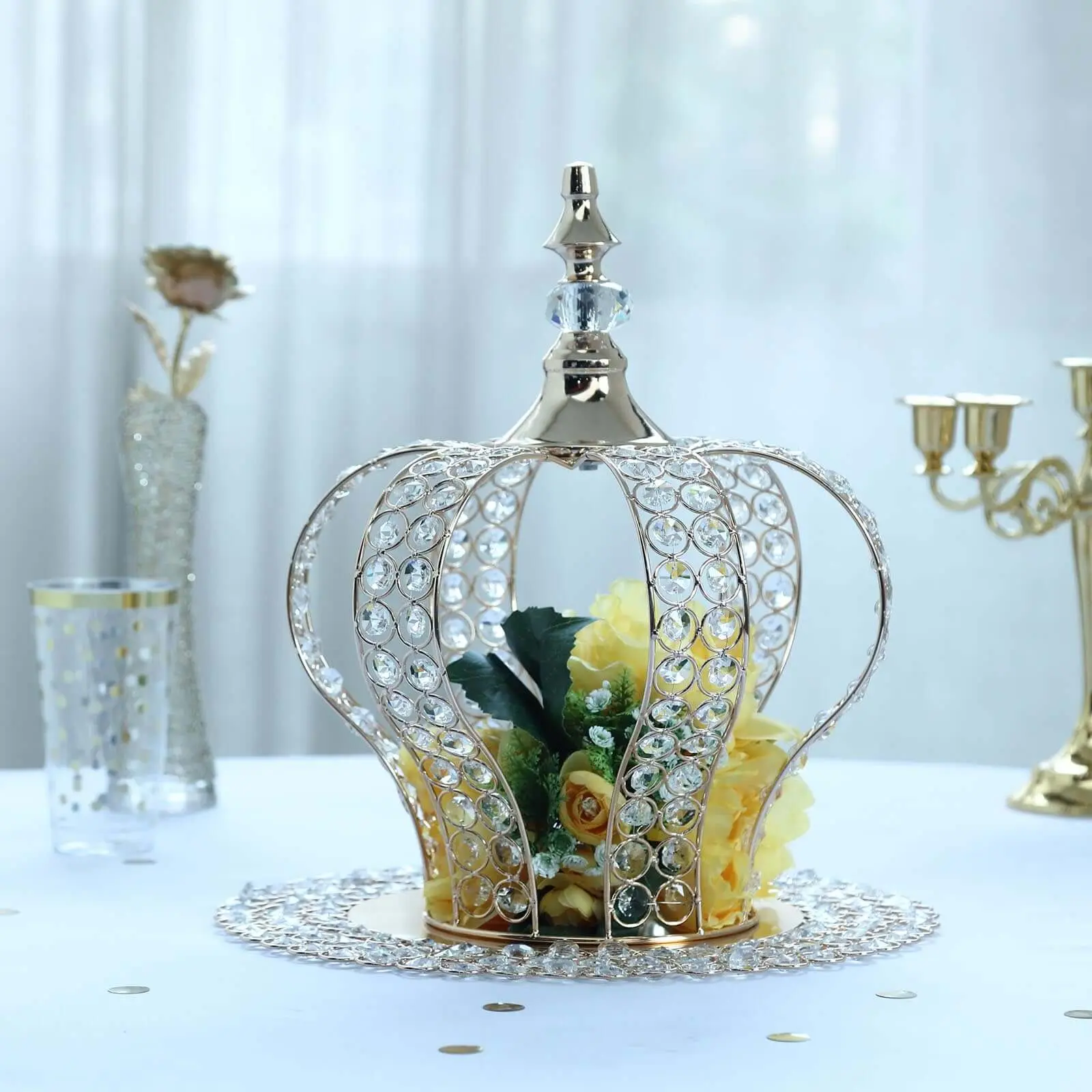 Crystal-Bead Royal Crown Cake Topper 14" Metallic Gold - Reusable Cake Centerpiece Decor for Royal-Themed Baby Showers Sweet 16 Cakes & Event Centerpieces