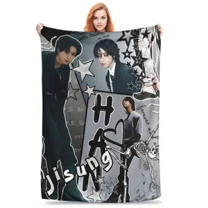 SKZON Han Jisung Blanket Soft Flannel All Season Warmth Monochrome Color Pop Art Design with Stars Music Notes Cozy Throw for Bed Sofa Camping Travel Perfect Gift for Fans Contemporary Style High Quality Fabric