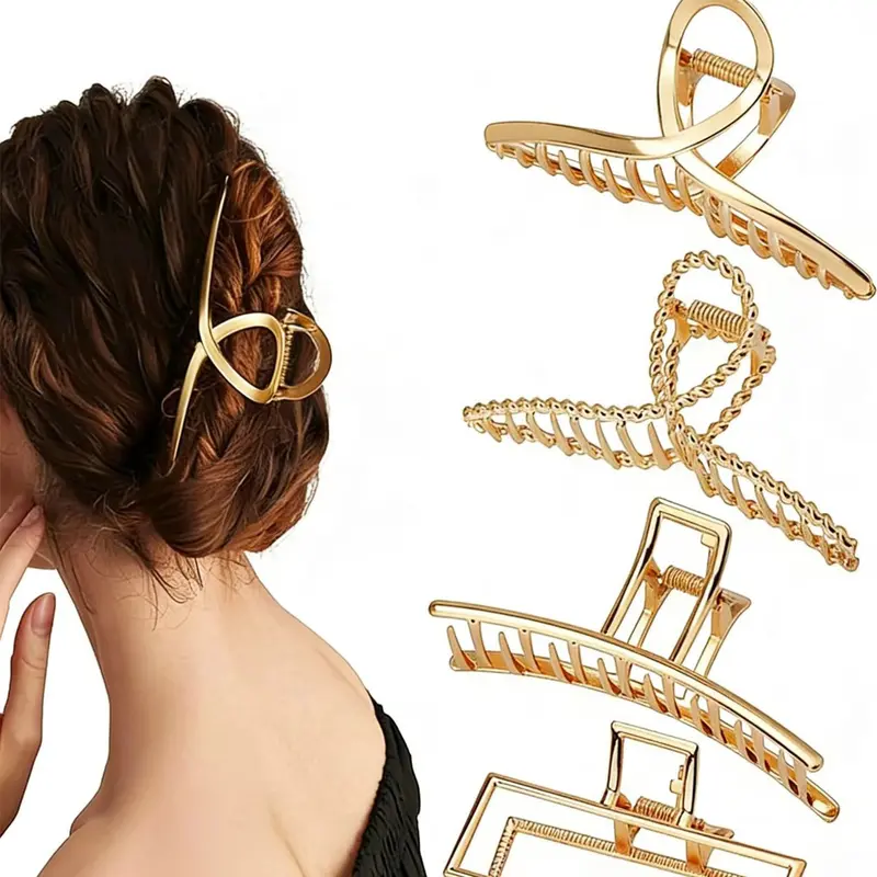 4 Pack Large Metal Hair Clips for Thin to Thick Curly Hair, Big Nonslip Gold Color Clamps, Perfect Fashion Jaw Claw Hair Styling Accessories for Women and Girls, Christmas Gifts, Hair Claws, Hair Clips for Curls, Hairclips