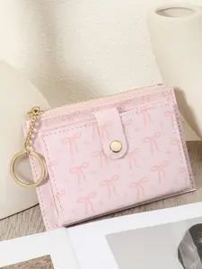 Fashionable and minimalist bow printed women's credit card bag, ultra-thin folding buckle credit card bag, portable cash, credit card, coin card bag, with keychain, suitable for outdoor, travel, and returning to school