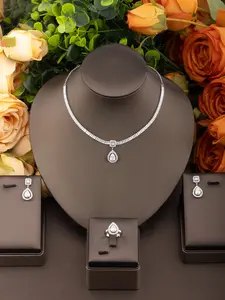 Elegant Cubic Zirconia Tear Drop Pendant Necklace Earrings Ring Set, Perfect for Daily Wear and Parties, Women's Jewelry Gift