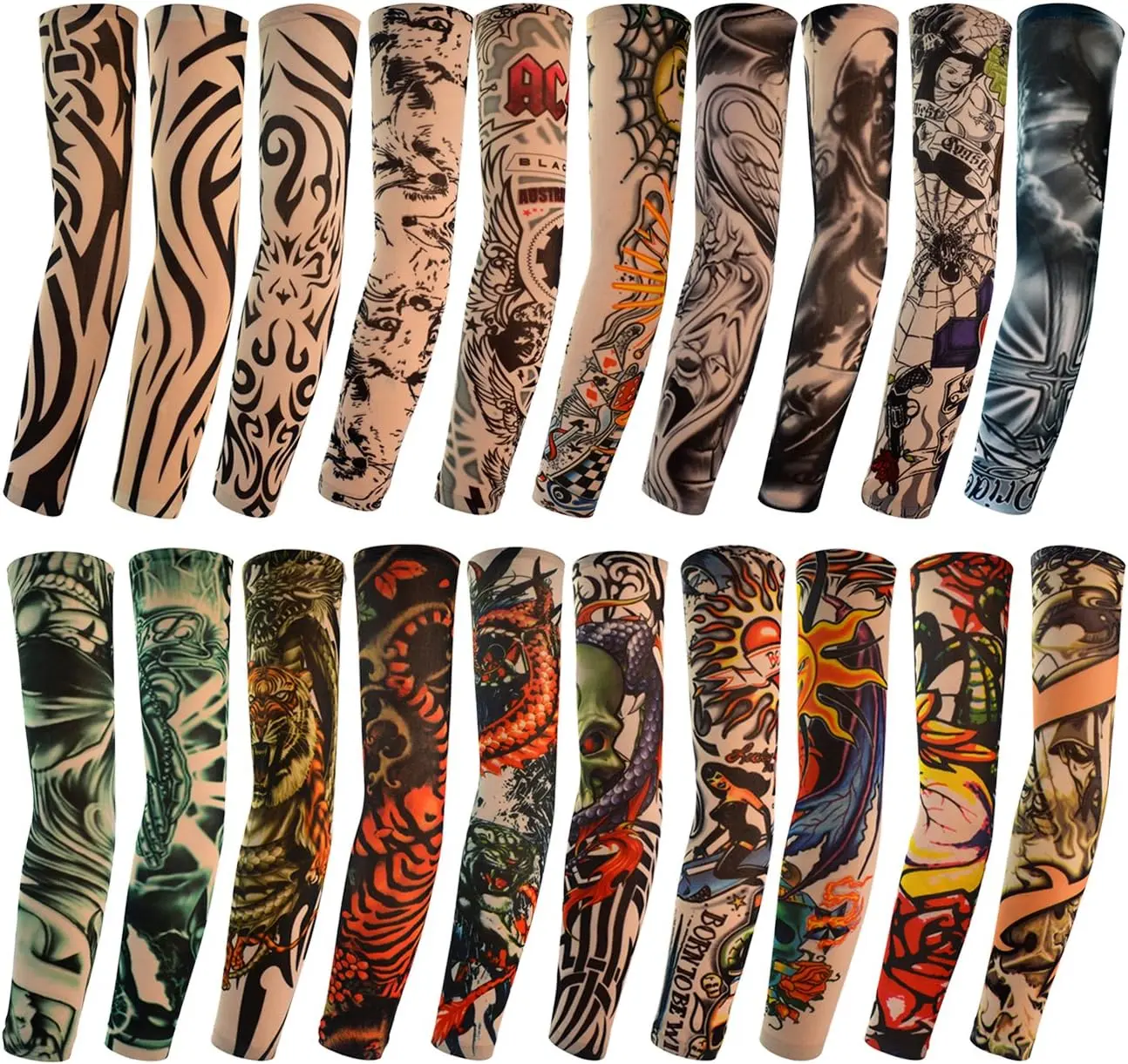 20Pcs Tattoo Arm Sleeves Fake Tattoo Sleeves for Men and Women | Temporary Sleeve Tattoos, Slip On, Sun Protection, Tattoo Arm Sleeve Covers, Designs Tribal Tiger Dragon Skull and Etc